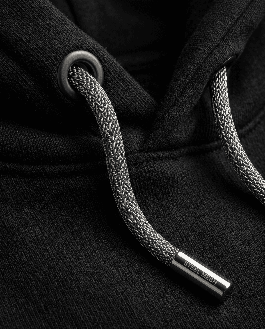 Macro of a woven steel drawcord passing through a matte eyelet.