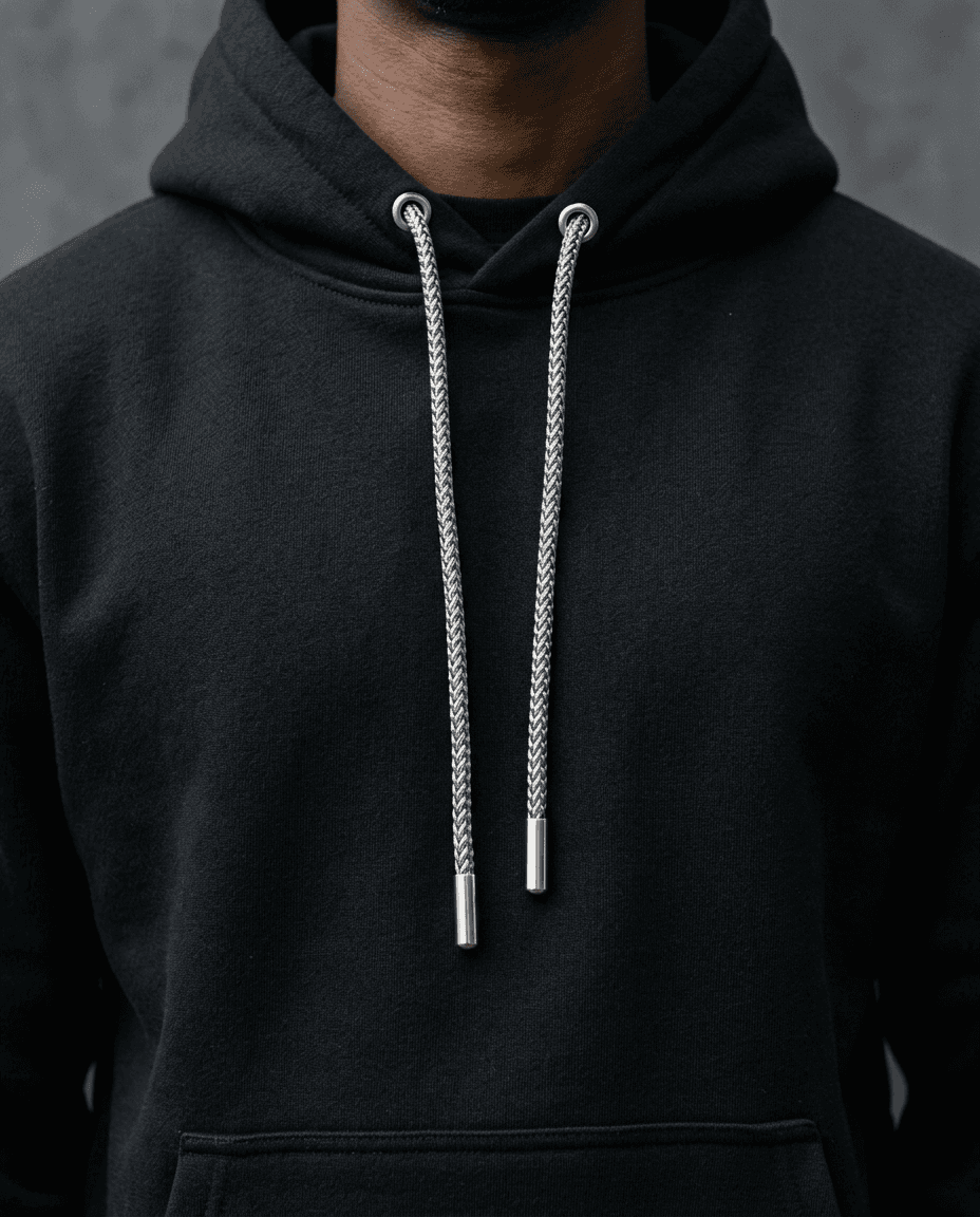 Close crop of a black hoodie with threaded steel drawcords.