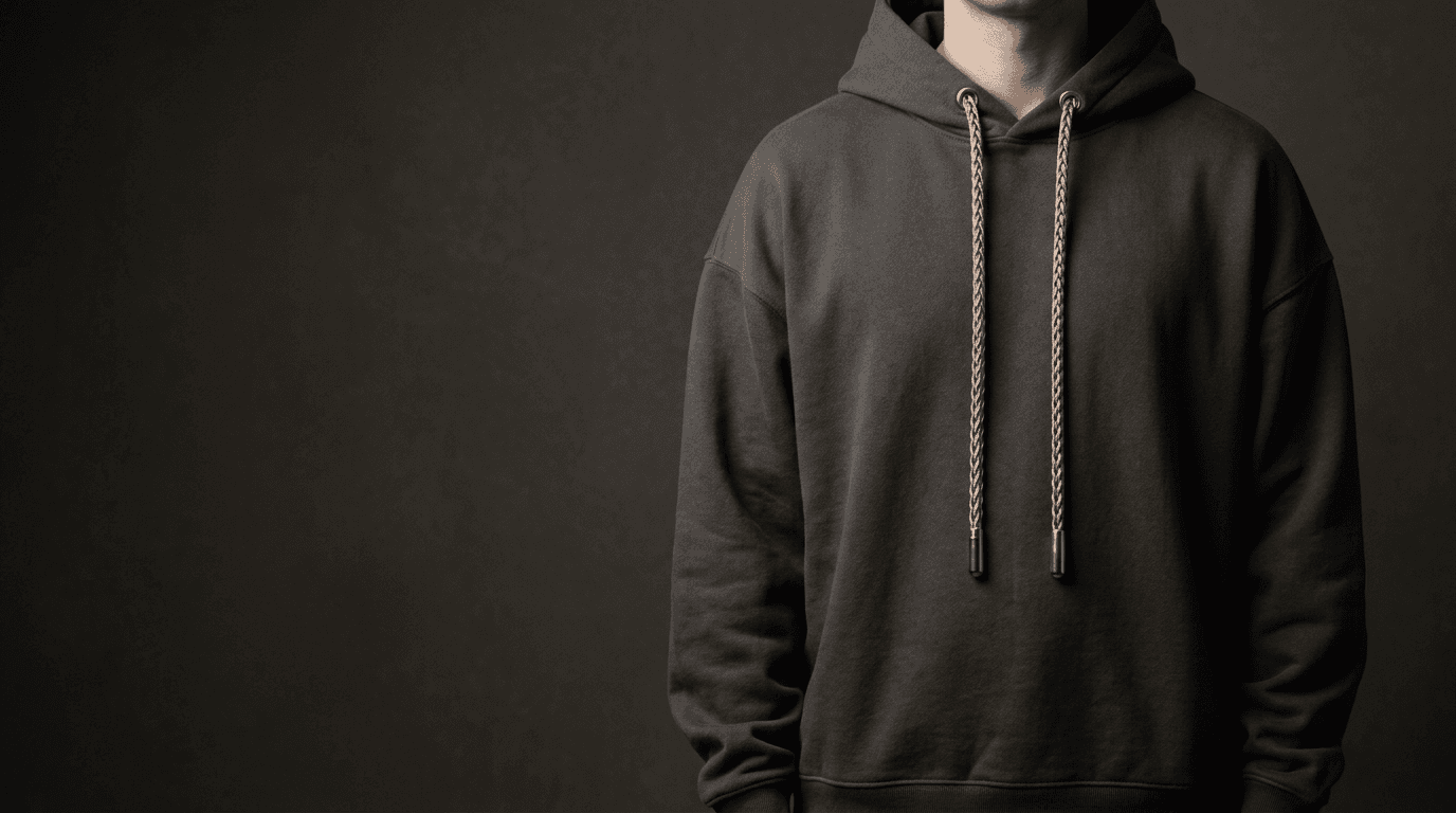 Matte charcoal hoodie styled with woven steel drawcords against a dark studio background.