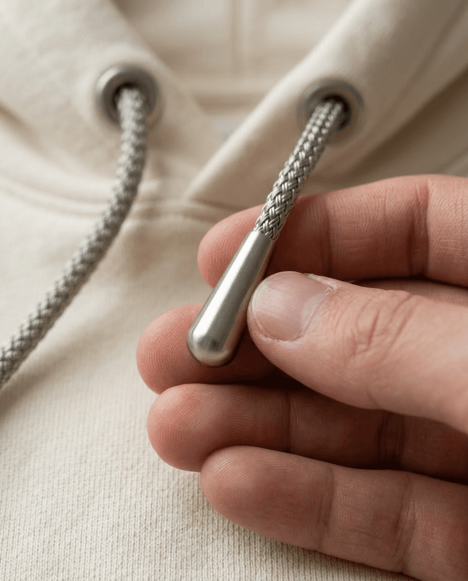 Macro view of a polished metal aglet held between fingers on a cream hoodie.