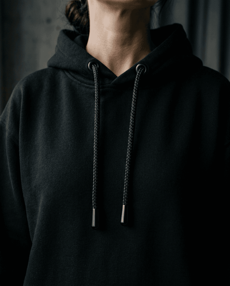 Oversized black hoodie with black PVD braided metal drawcord replacement.